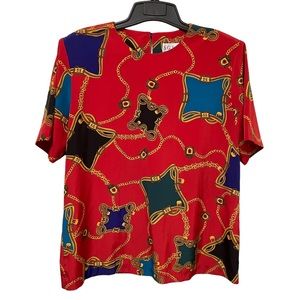 Vintage S.G. Sport Red Gold Chain New York Crest Print Blouse